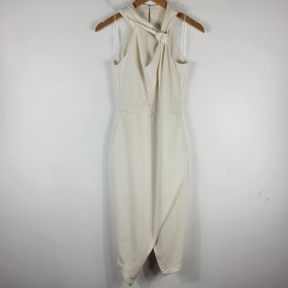 New Harlyn Twist Front Asymmetric Tulip Hem Keyhole Back Midi Sheath Dress XS - Picture 1 of 11